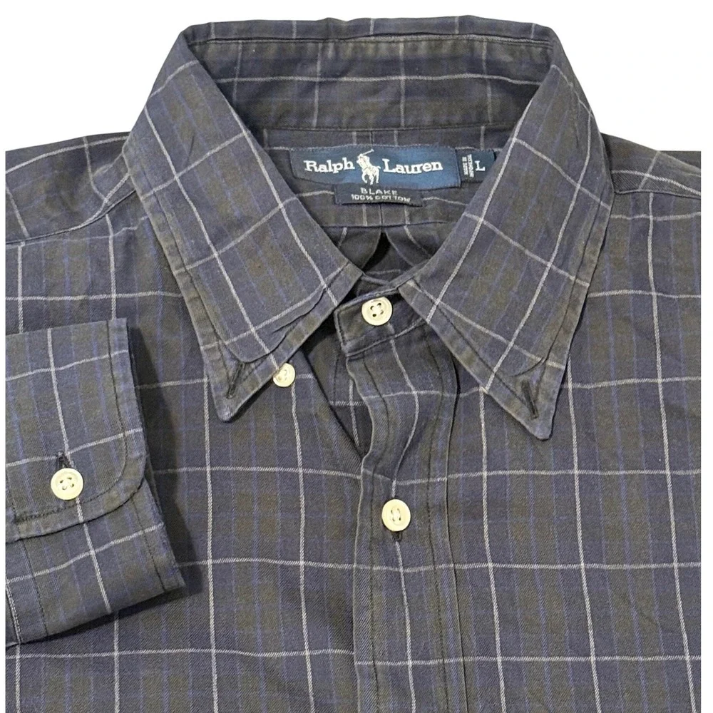 Ralph Lauren Blake Shirt Mens Large Navy Blue Grey Windowpane Plaid‎ Cotton L/S
